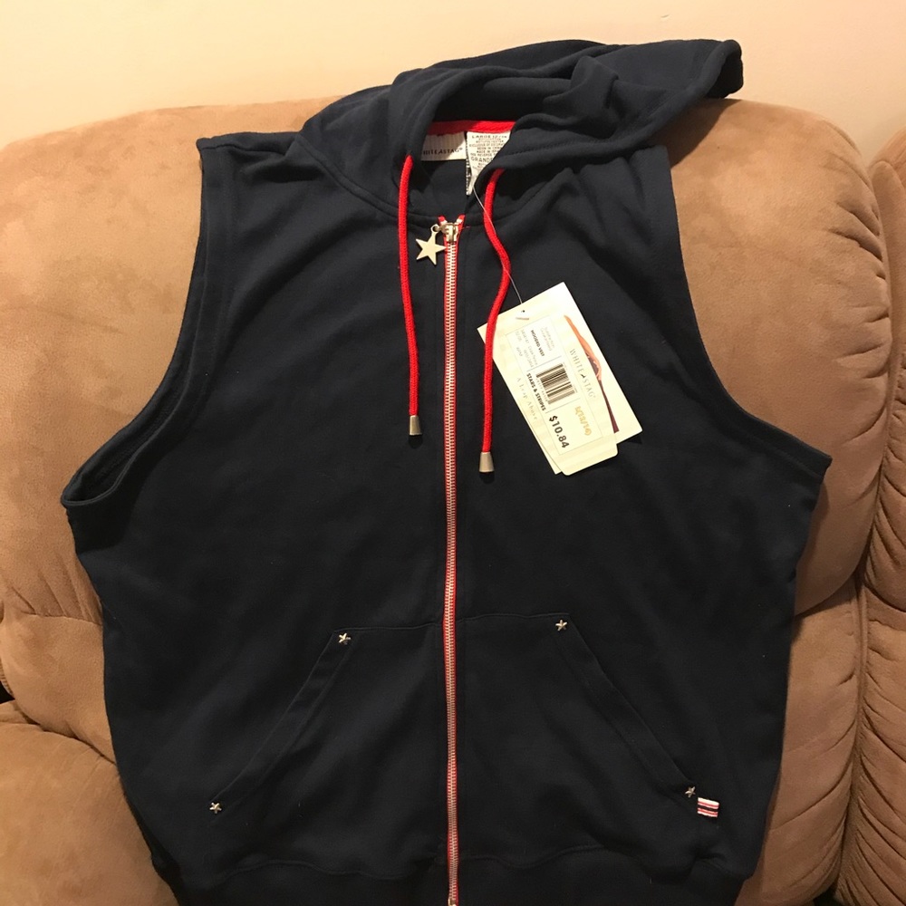 Red White and Blue sleeveless active wear hoodie.